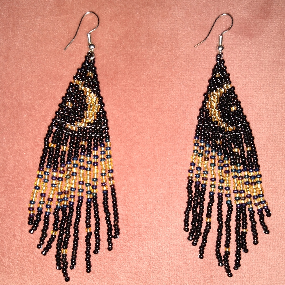Night Sky Black Gold Crescent Moon and Stars Seed Beaded Earrings Long Celestial